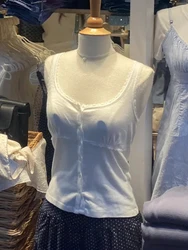 New Lace Trim White Tank Top Women Summer Scoop Neck Single Breasted Cotton Vest Preppy Style Sweet Casual Basic Crop Tops Camis