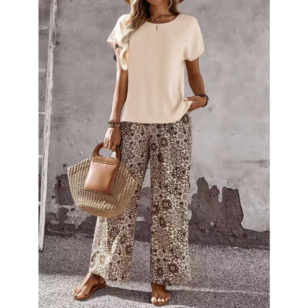 Ladies' Elegant Long Pants with Wide Legs, Non Stretch Formal Casual Pants, All Season Casual Wear, Retro Full Printed Patterns