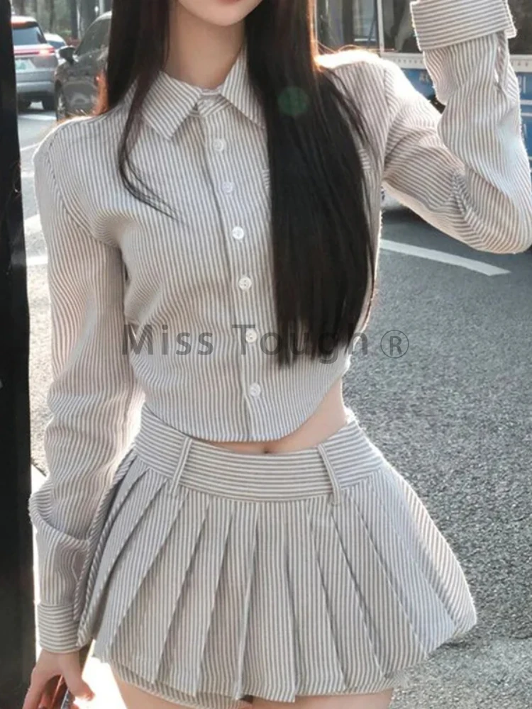 Korean Fashion Lapel Striped 2-piece Set Women Vintage Sexy Slim Long Sleeve Irregular Tops + High Waist Thin Short Skirt Suit