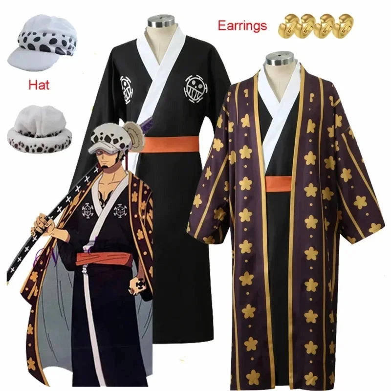 

ABC123Anime Wano Country Trafalgar D Water Law Kimono Bathrobe Hat Earrings Women Men Halloween Cosplay Cost4,b;6.k,9/g'