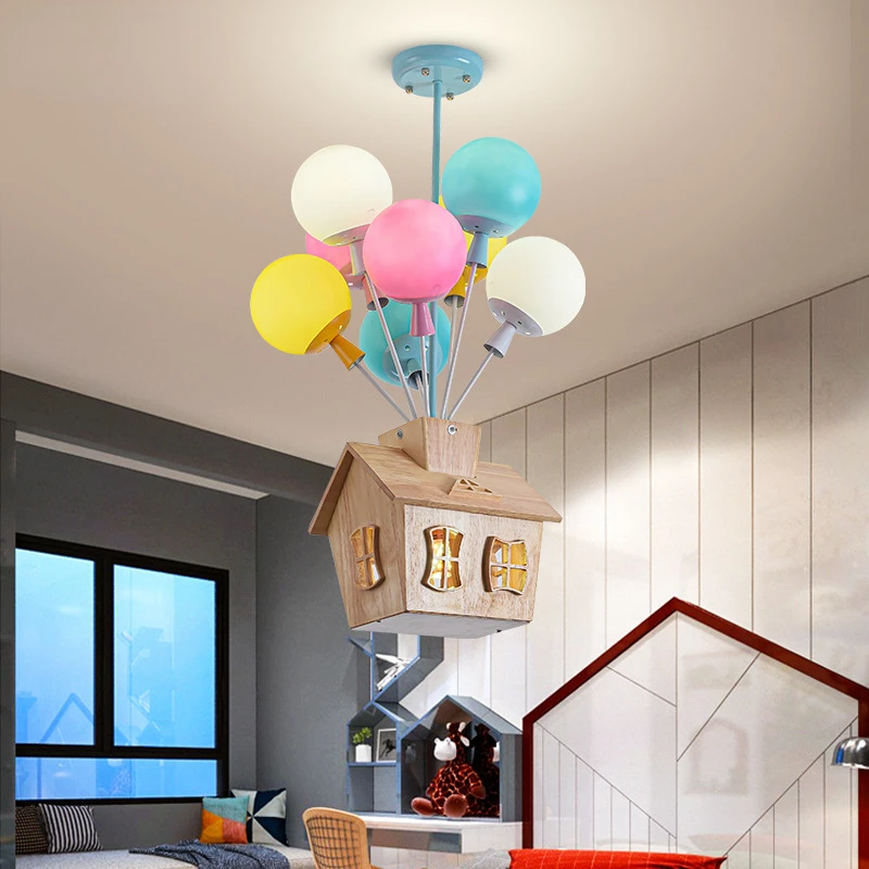 

Creative Wooden House Flying Balloon Ceiling Light for Boy and Girl's Cartoon Room, Kindergarten Bedroom Light Fixtures