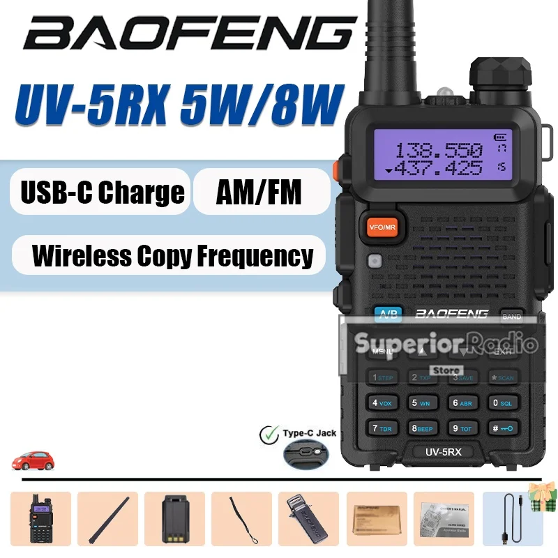 Baofeng UV-5RX Walkie Talkie 5W/8W USB-C Charger M-5R Wireless Copy Frequency High Capacity AM FM DTMF Upgraded Version of UV-5R
