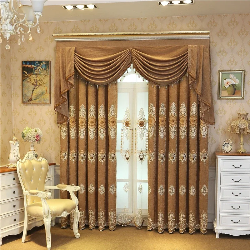 European Style Thickened Thermal Insulation Blackout Luxury Embroidered Blackout Window Curtains for Living Dining Room Bedroom
