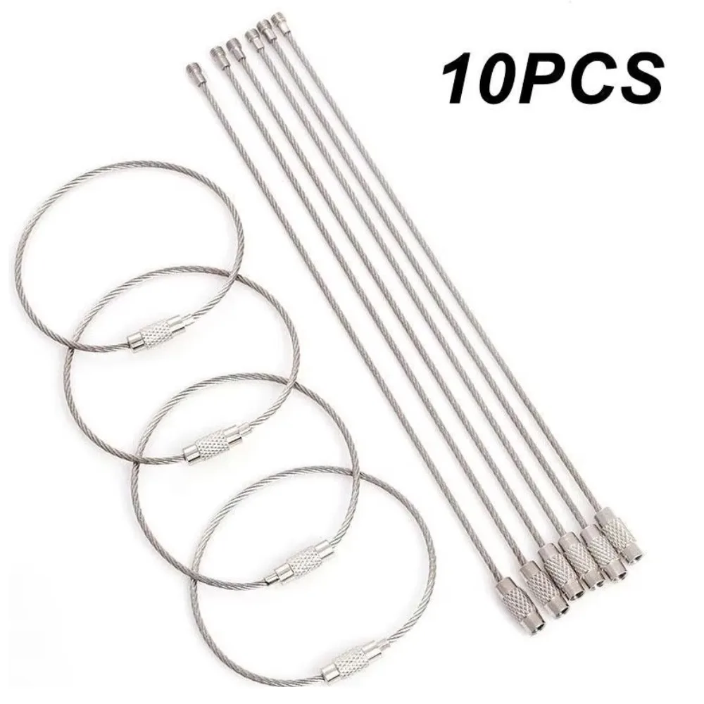 10 Pcs Stainless Steel Keychain Rope with Screw Lock Anti-loss Wire Lock Sturdy Simple Wire Key Ring Outdoor Tool Accessories