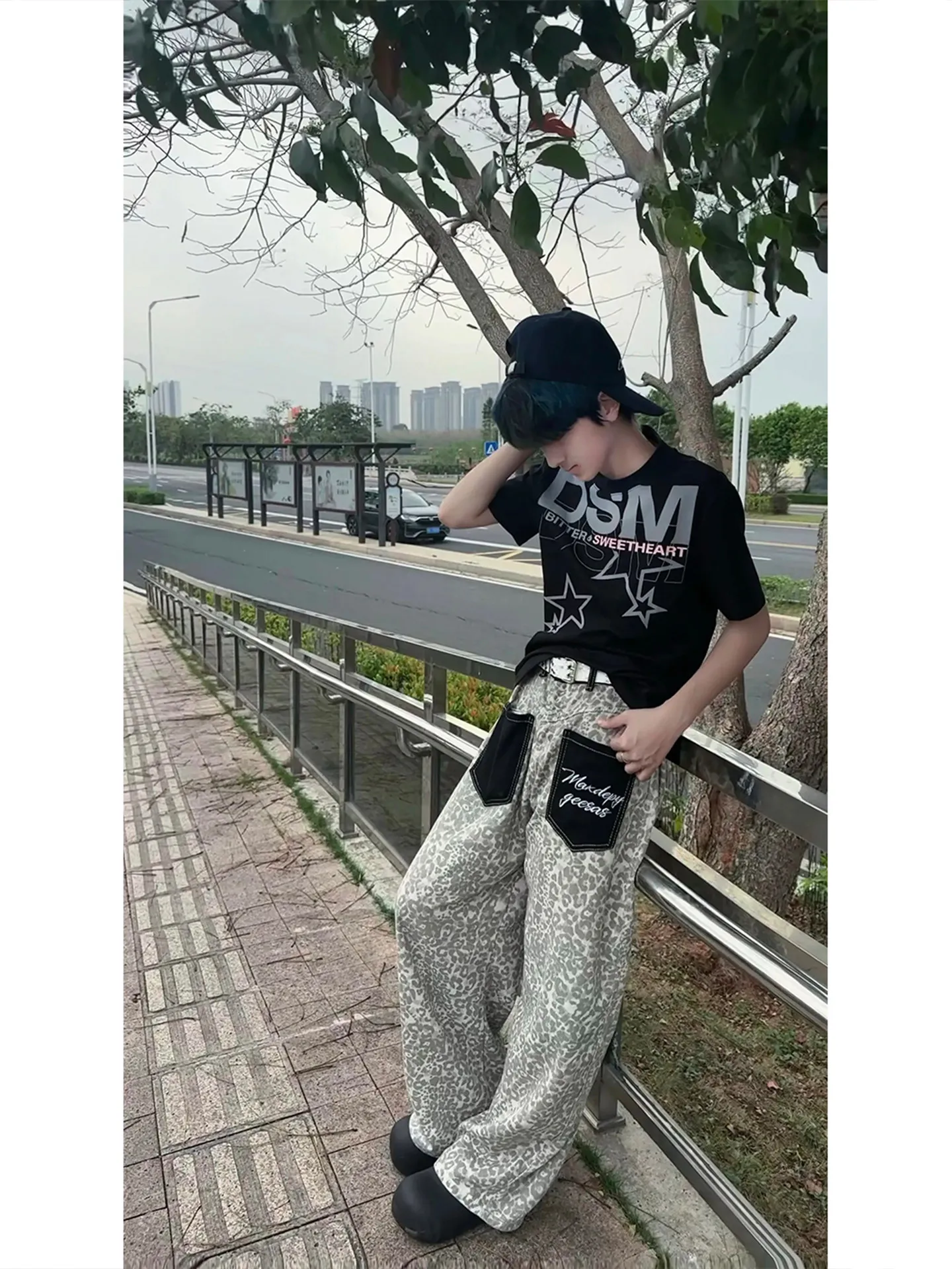 Retro American Leopard Patchwork Loose Wide Leg Jeans Men's High Street Style Trendy Brand Slim Straight Knife Pants