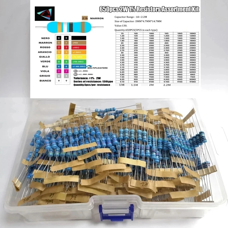 

650Pcs 2W metal film resistor kit 130 Values * 5Pcs 2W 1% 1Ohm - 2.2M