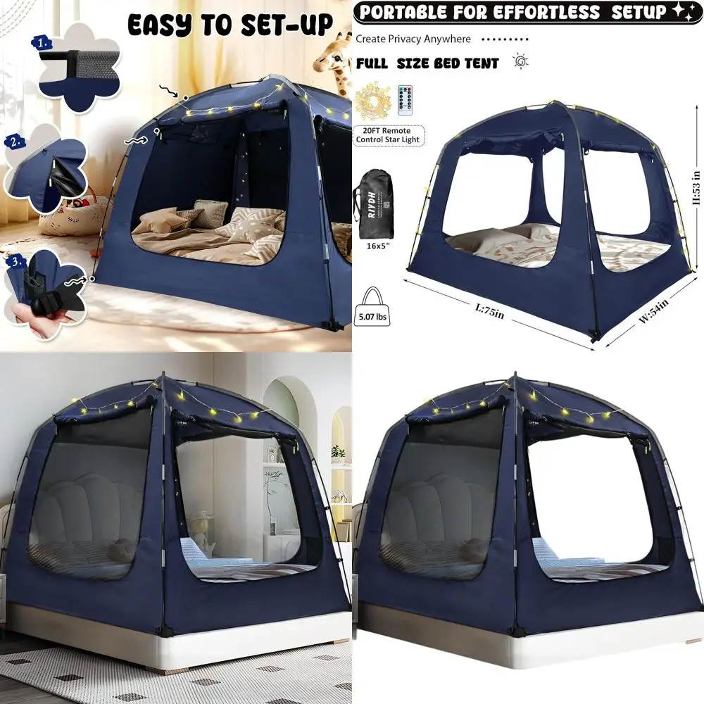 

Дышащая палатка-тент для кровати для взрослых и детей - светонепроницаемая, портативная, просторная, с гирляндой, подходит для односпальных, двуспальных и полуторных кроватей.