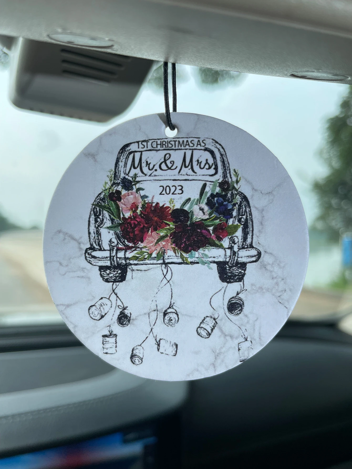 1st Christmas As Mr. & Mrs Vintage Floral Truck Hanging Car Air Freshener, Natural Plant Extract Fragrance, Alcohol-Free, Heat R