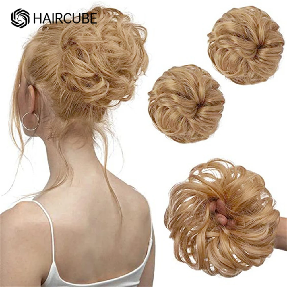 HAIRCUBE Human Hair Pieces Rose Bud Messy Bun for Women Girls Hair Bun Extension Blonde Golden Updo Curly Messy Bun Scrunchie