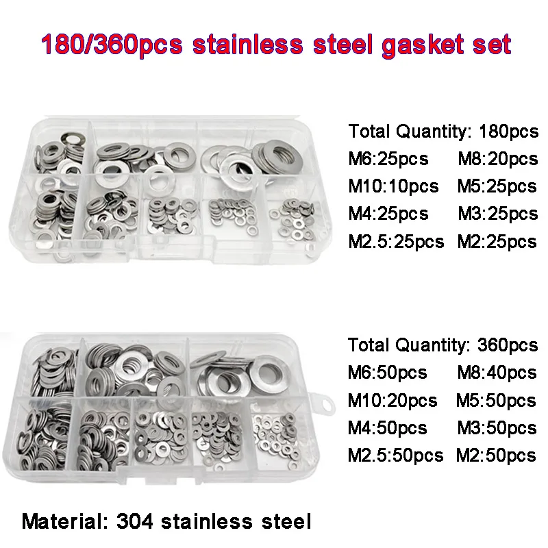 180/360pcs M2‑M10 304 Stainless Steel Flat Washers Assortment Kit,Plain Metal Gasket Rings for Home Decor,Factory Repair,Kitchen