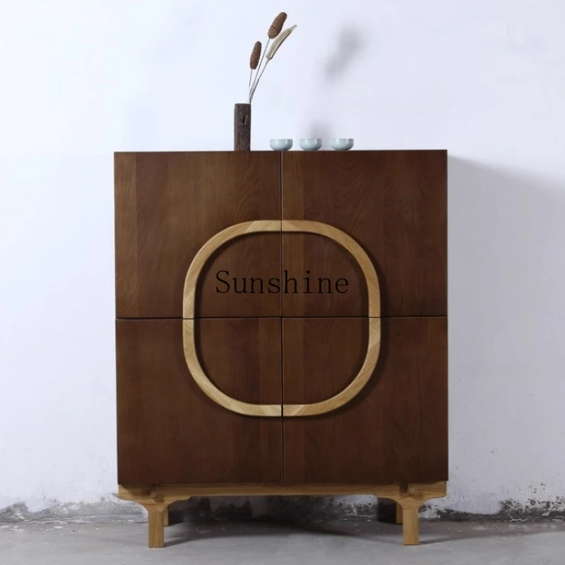 

Nordic small apartment living room porch cabinet neoclassical walnut color display locker