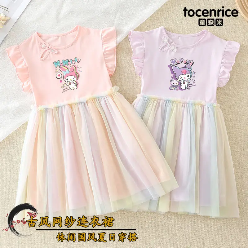 

My Melody Anime Kawaii Sanrio Girly Heart Short Sleeve Dress Summer Cute Cartoon Kuromi Princess Skirt Clothing Toys for Kids