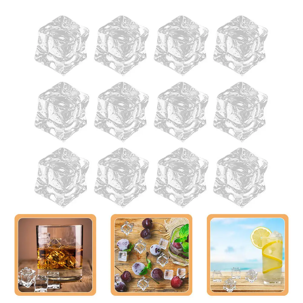 50Pcs Bright Surface Acrylic Ice Cubes Lifelike Transparent Fake Ice Cubes Decorative Photo Props for Bar Restaurant Home Fish