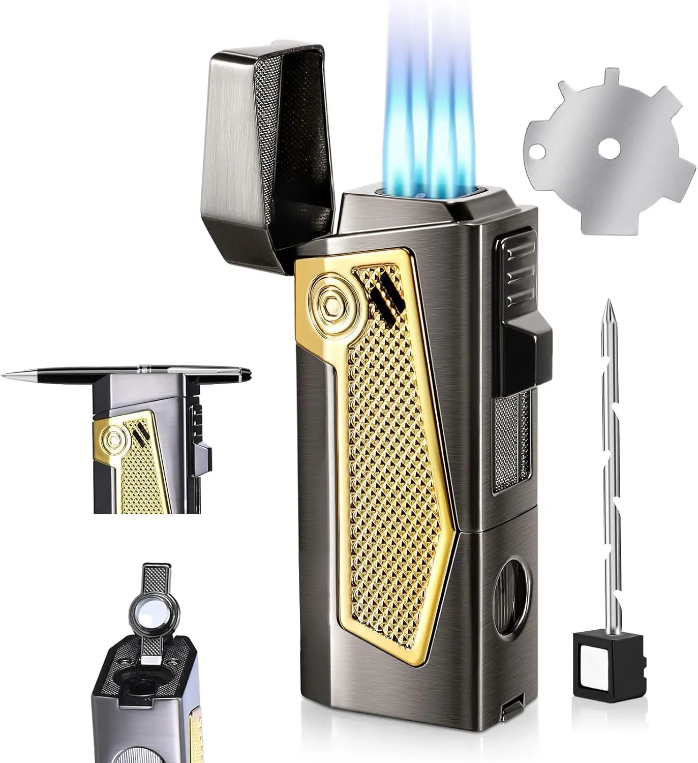 

Refillable Windproof Torch Lighter with Punch & Holder, Multi-Functional Accessory for Men