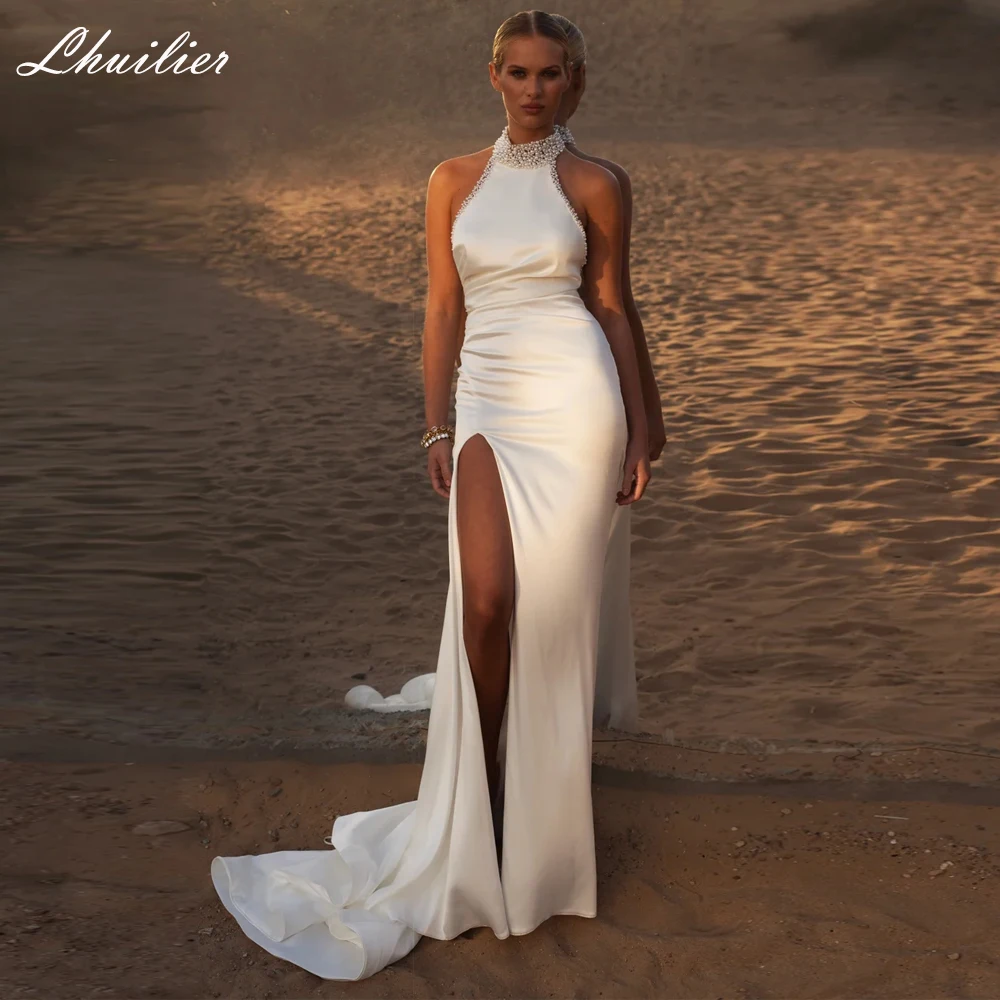 

Lhuilier Customized Halter Neck Mermaid Satin Wedding Dresses Sleeveless Floor Length Beaded Bridal Gowns with High Slit
