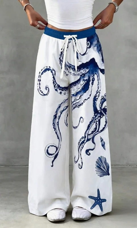 Ocean Creature Pattern Pants, Blue Ink Octopus Tentacles, Shell Starfish Print, White Elastic Waist, Loose Vacation Pants
