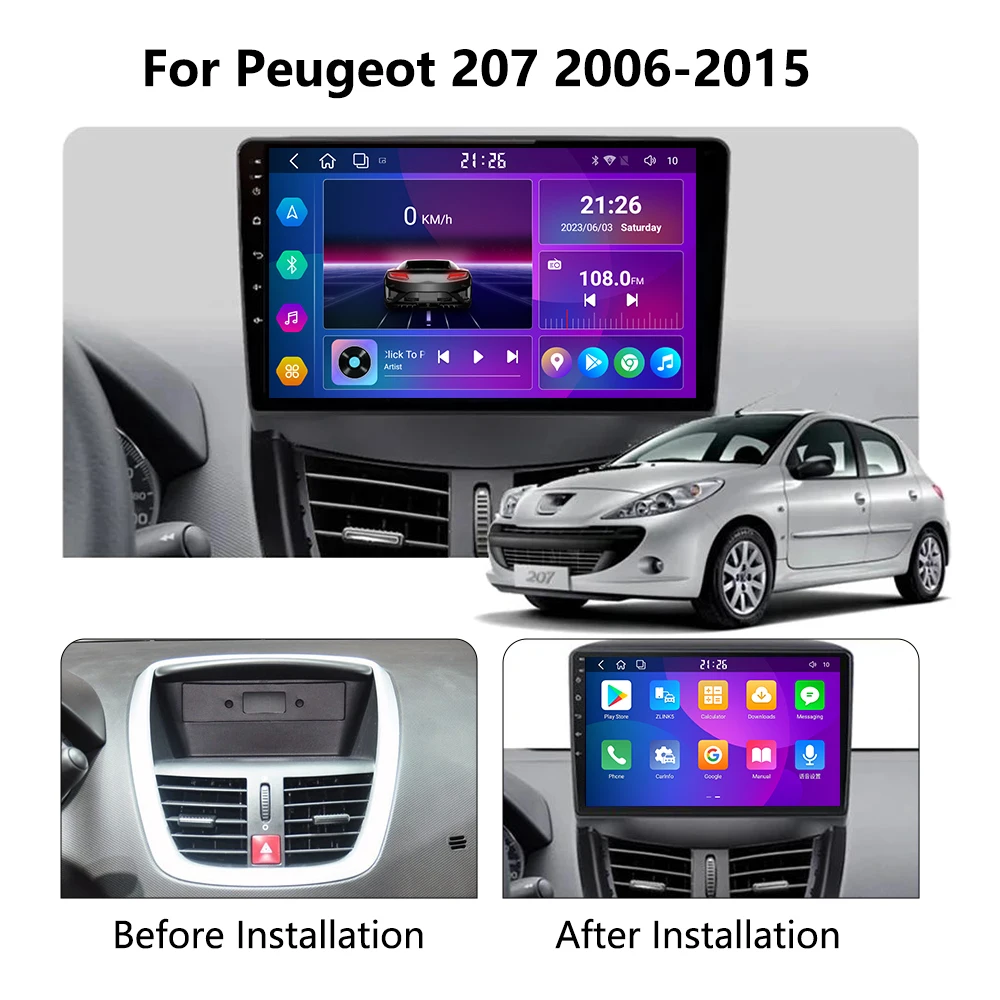 KNOWRO 10 Core 2 DIN Android 12 Carplay  And Android Auto Car Radio For Peugeot 207 CC207 2006-2015 Multimedia Stereo GPS No DVD