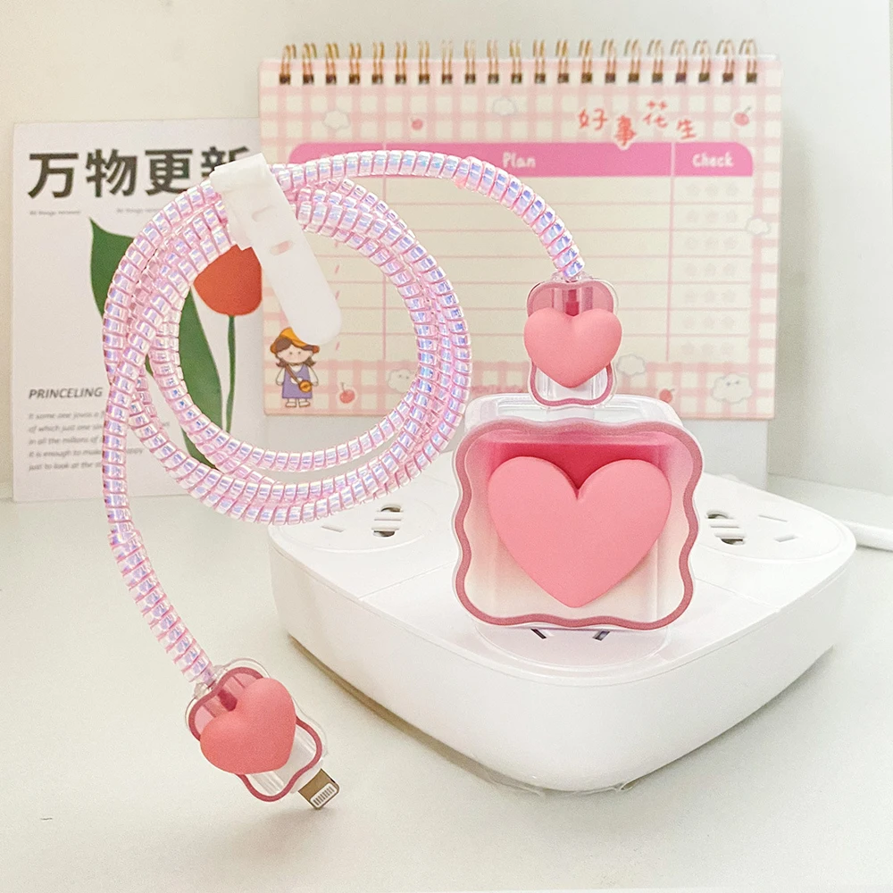 3D Love Charger Protector Cable Organiser for IPhone 15 14 13 12 Pro Max 18W 20W Type C Data Cable Management Cord Winder Kit
