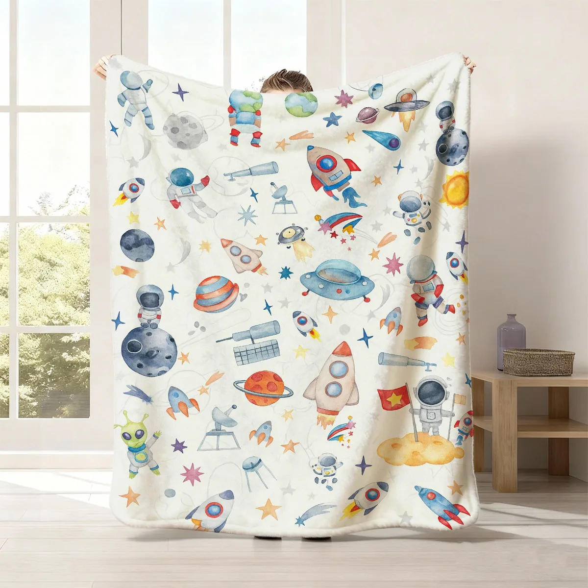 1pc Space-Themed Flannel Fleece Blanket - Soft, Cozy, and Colorful Planets, Rockets, and Galaxy Design - Perfect for Girls, and