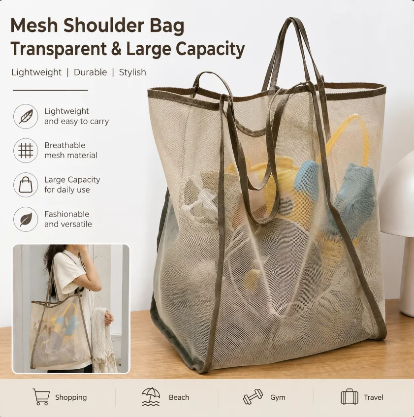 Portable INS Style Transparent Mesh Bag Fashionable Lightweight Versatile Large Capacity Portable Bag Beach Mesh Shopping Bag image 4
