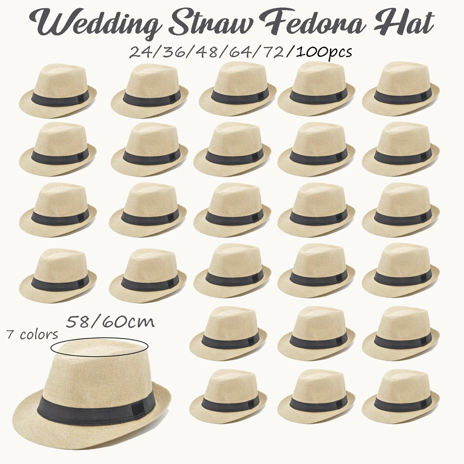 

24-100Pcs Straw Hats for Men Fedoras 58/60cm Short Brim Panama Trilby Hats for Guest Wedding Beach 1920s Party Birthday Favors