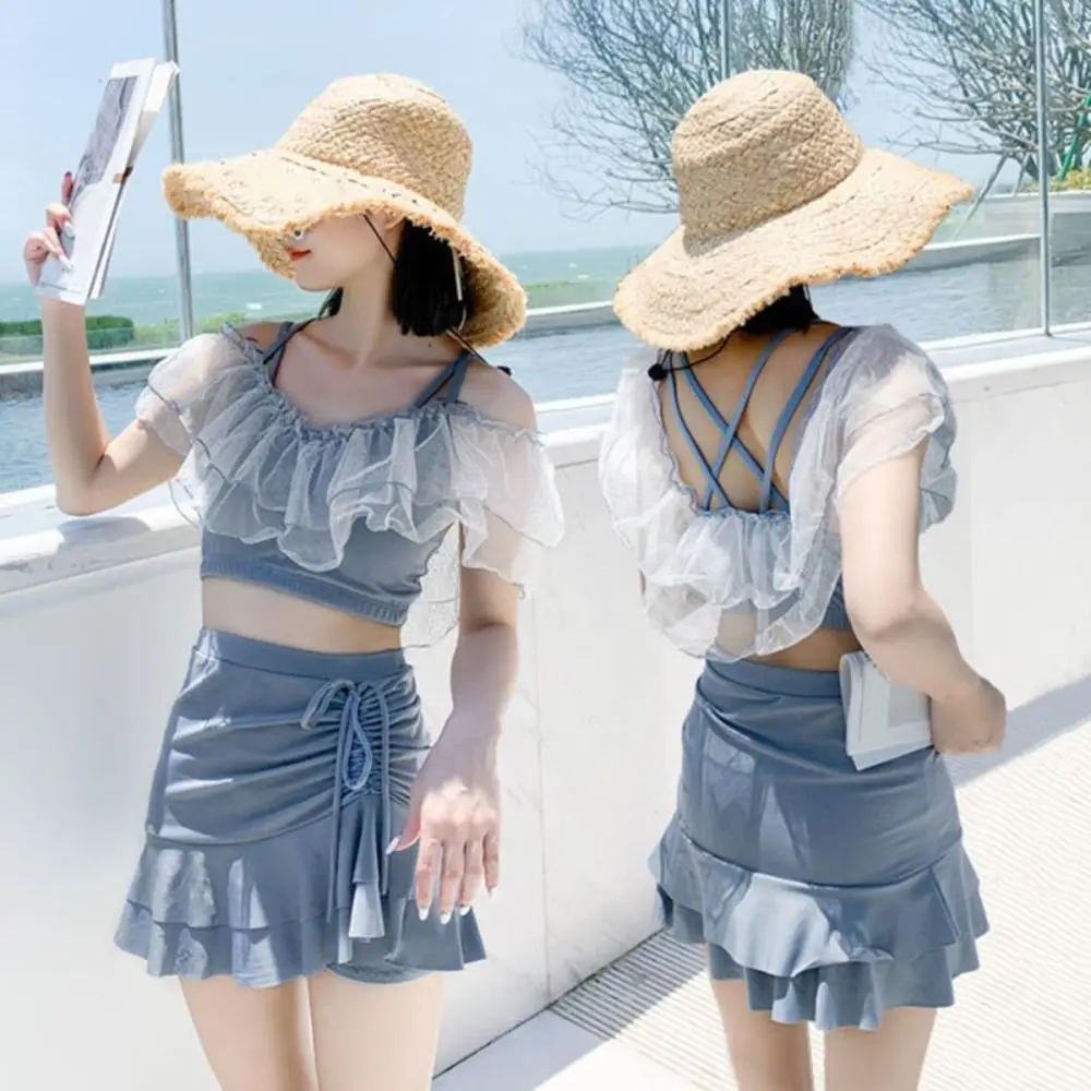 Costume da bagno con gonna a trapezio slim fit con spalle scoperte e volant in pizzo con volant e volant, costume da bagno da spiaggia, set da due pezzi, costumi da bagno per le vacanze