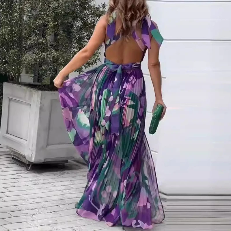 Robe Longue Plissée à Col en V pour Femme, Style Boho, Sexy, Col Licou, Imprimé Élégant, Fente Latérale, Maxi, Été, Printemps