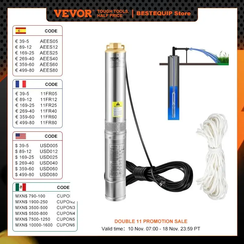 VEVOR Deep Well Submersible Pump 750W 20 m Electric Cord 7.6 cm Stainless Steel Water Pumps for Industrial Irrigation & Home Use