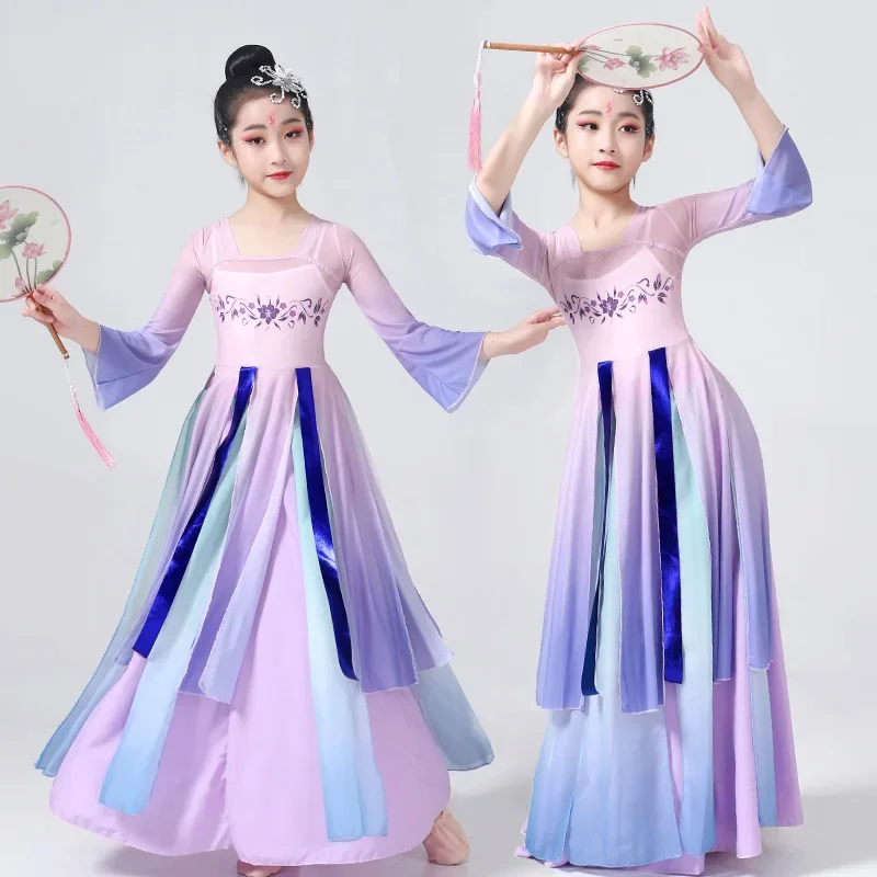 Costume Hanfu chinois pour enfants, olympiques de scène classiques pour enfants, danse parapluie, vêtements ethniques pour filles Yangko, vêtements de performance de danse pour fans