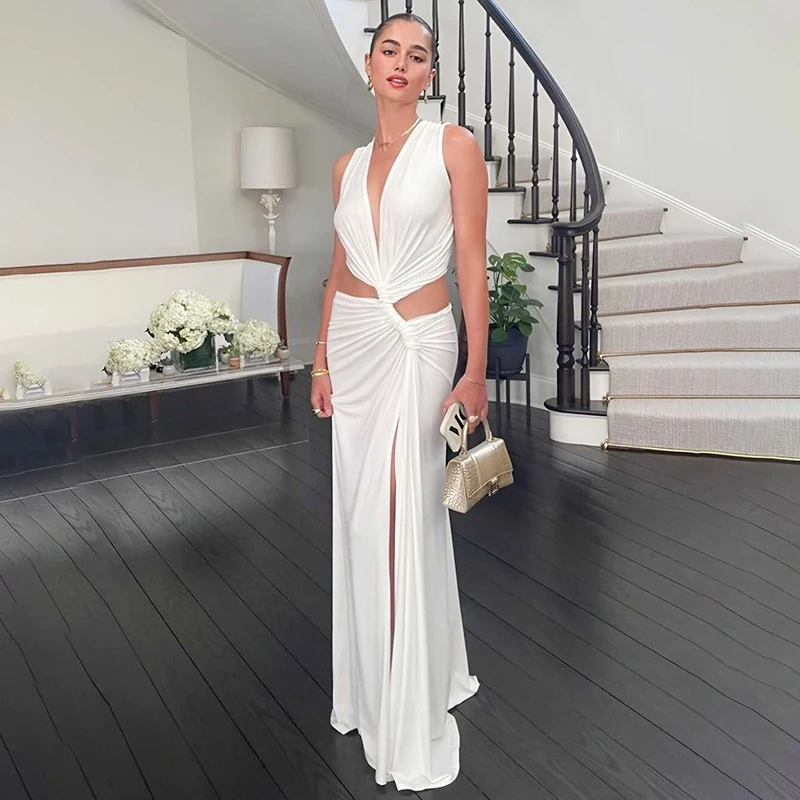 CUTENOVA Sexy Hollow Out Twist Knot High Slit Maxi Dress Chic Ladies Deep V Sleeveless Solid Long Dresses Fashion Female Vacatio