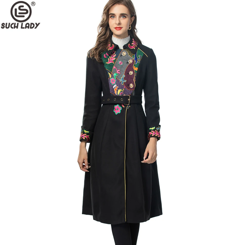 

Women's Coat Turn Down Collar Embroidery Elegant Fashion Outerwear Trench with Belt