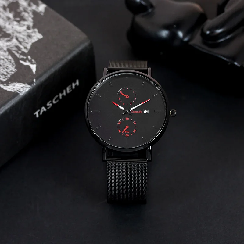 

A men's black mesh trendy fashion dual-eye red pointer quartz watch