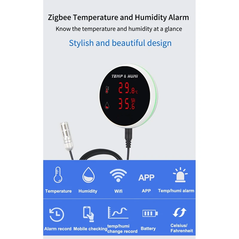 Tuya-Zigbee-Sensor de temperatura e umidade-alarme-com display LED-tela-para-esplugue-fermentação-animais-reenho-plugue da UE