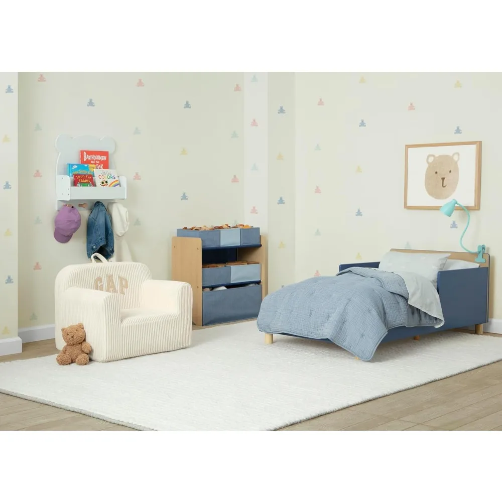 سرير للأطفال الصغار ذو اللوح الأمامي ذو الوجهين مع حاجز حماية، معتمد من Greenguard Gold من أجل الهواء النظيف، أزرق نيلي