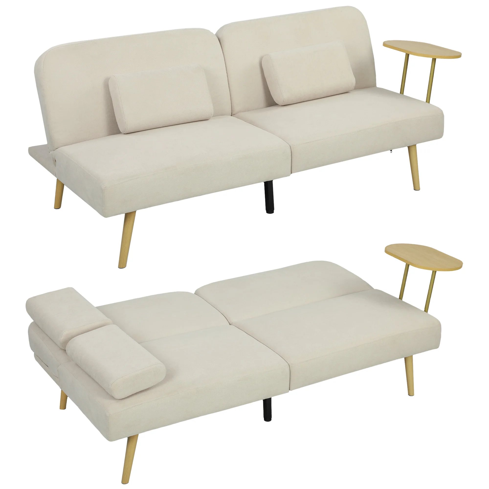 HOMCOM Sofá Cama de 3 Plazas con Mesa Auxiliar 3 en 1 con Respaldo Ajustable Apertura Clik-Clak 196x86x81 cm Beige