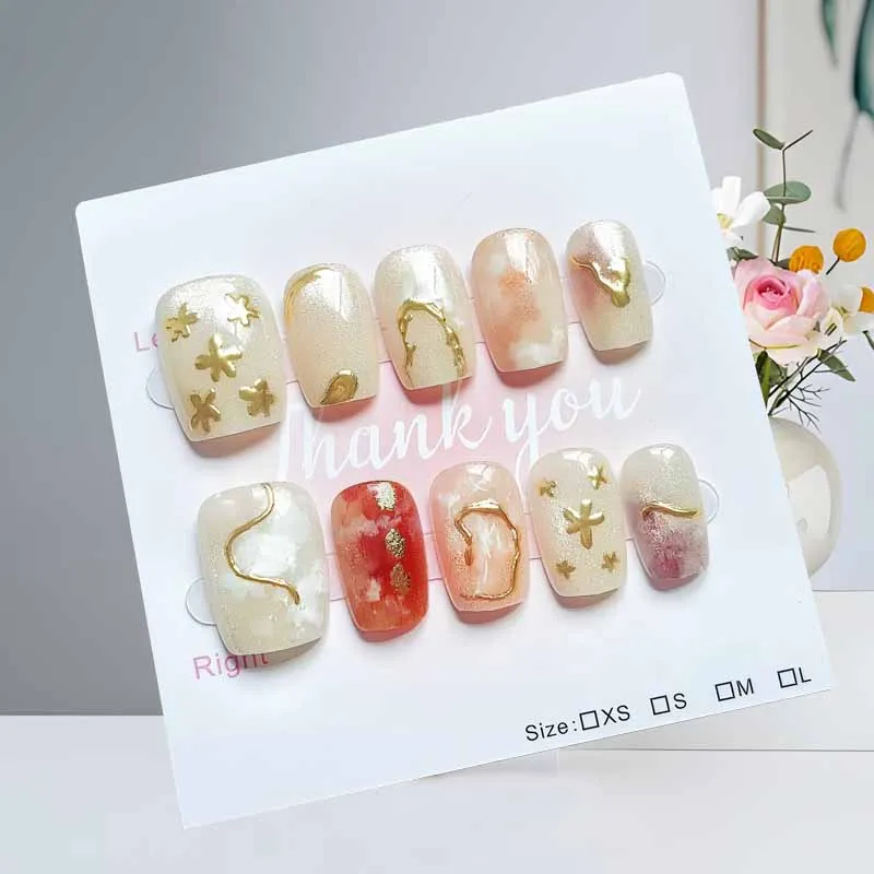 10Pcs Korean Style Stars and Moon Gilded and Dyed Ballet Ribbon Fine Shimmer Powder Blusher Press on Nails All-match Fake Nails