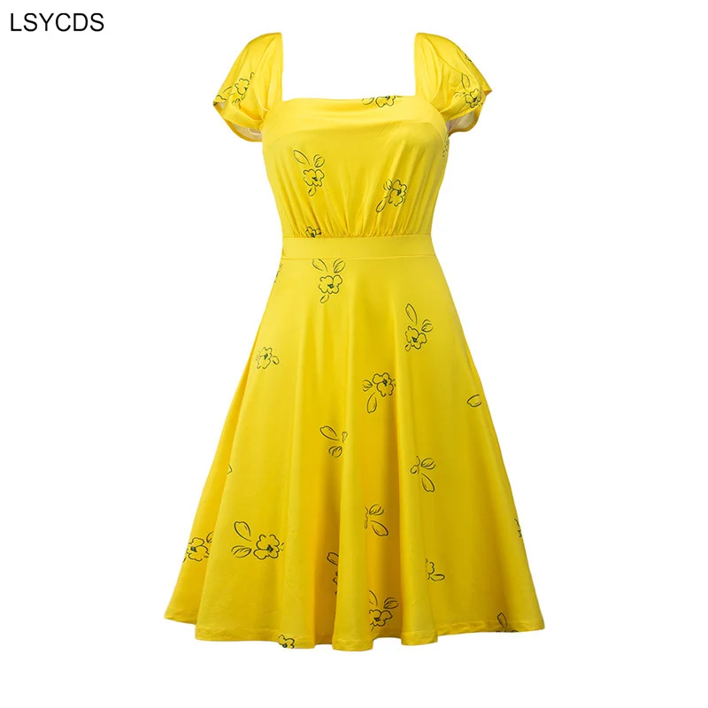 LSYCDS Vintage Cute Floral Print Yellow Women Dresses 2024 Casual Summer Cap Sleeve Square Collar Backless Elegant Skater Dress