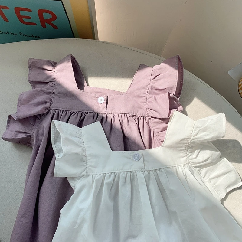 Le neonate estive 3-9T vestono il vestito Casual dalla manica della mosca di colore solido di stile coreano dolce cotone traspirante bambini abiti