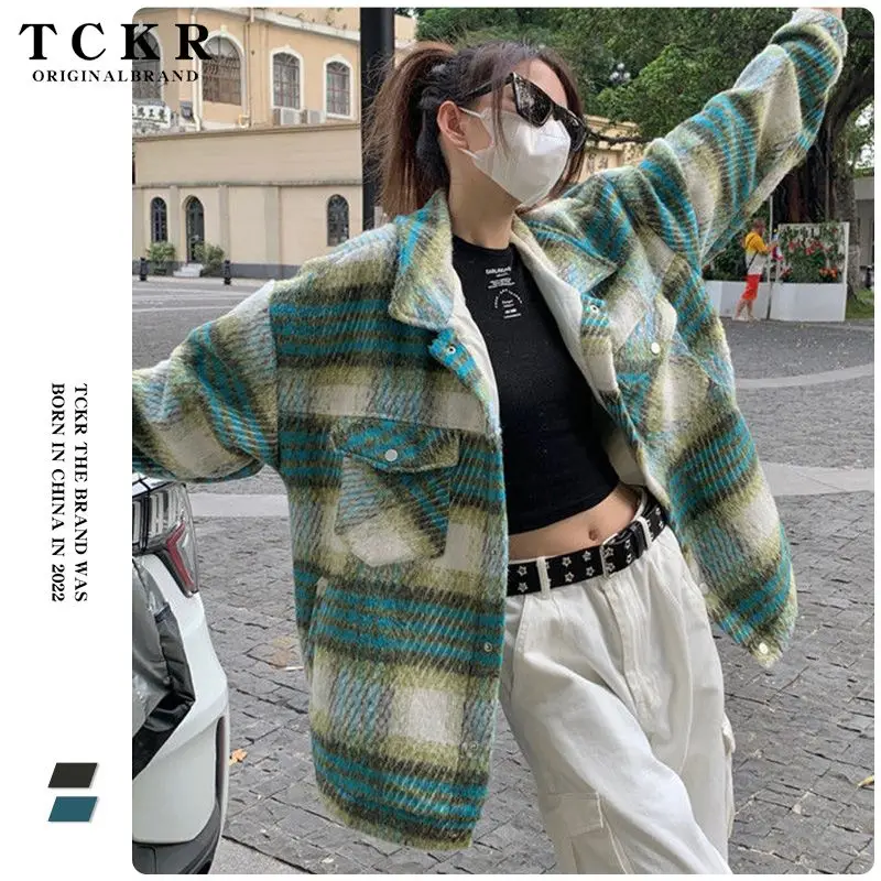 

2023 New Autumn Winter Women Casual Loose Long Sleeve Turn-down Collar Plaid Jackets Single Breasted Outerwear & Coats D454