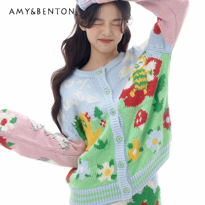 

Autumn Winter New Vintage Childlike Illustration Women's Sweater Cardigan Original Design Wool Knitted Short Skirt Set Ladies