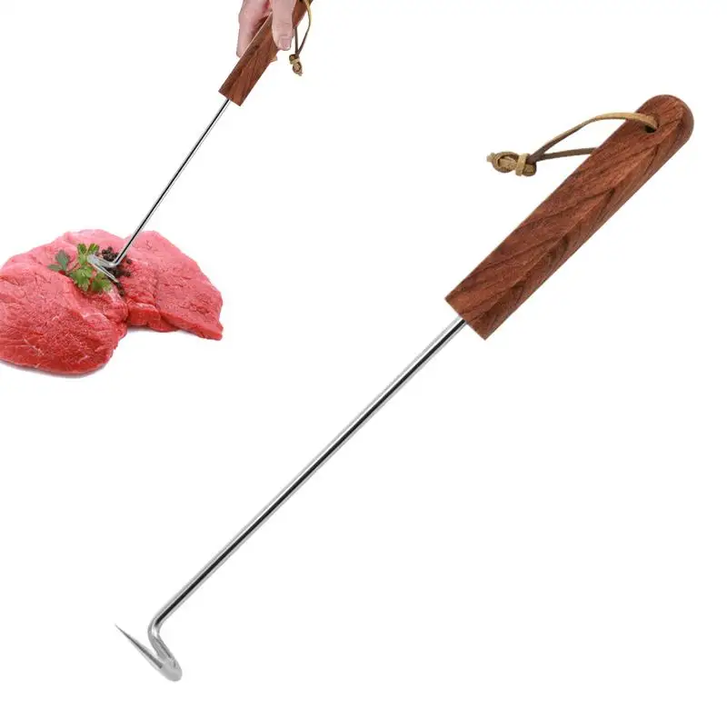 Meat Hook Flipper Stainless Steel Bbq Meat Flipper Food Twister With Wooden Handle Barbecue Accessories For Indoor Outdoor