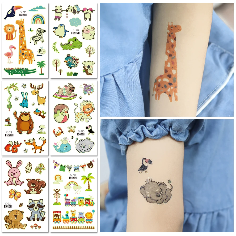 VeeCharm-animali a tema Zoo Glow tatuaggi temporanei per bambini, forniture per feste di compleanno per tatuaggi luminosi per cartoni animati, regali, foglio 1/12