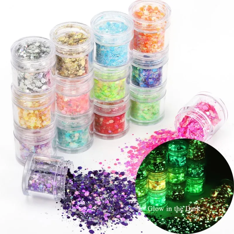 

15 Colors Luminous Chunky Glitter Nail Sequin 10g Mixed Hexagon Glow In The Dark Flake Slice Manicure Polish Nail Art Decoration