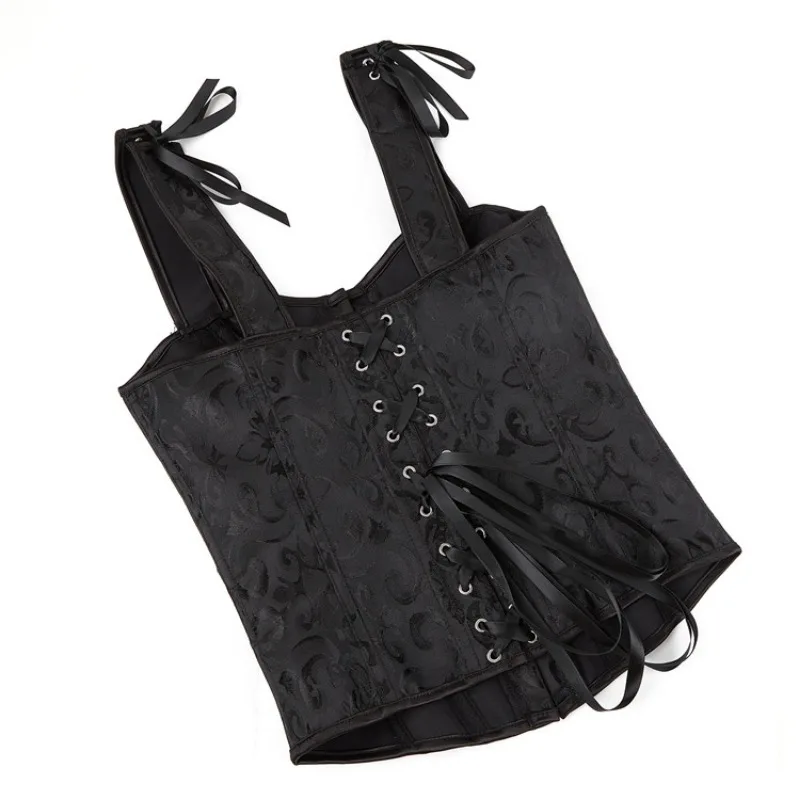 Corsetto Top con spalline Overbust Vintage Jacquard Gothic Women Bustier Lace-Up Corselet Vest nero