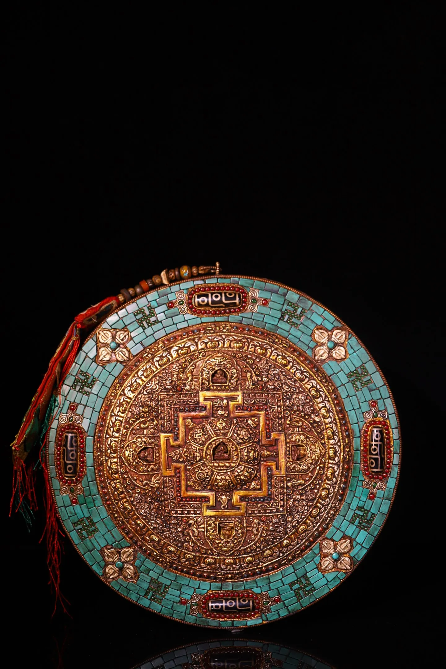 Old Tibetan Silver Gilded Filigree Painted Mosaic Gem gZi Beads Turquoise Dipankara Buddha Buddhist niche Thangka hanging panel