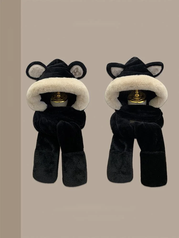 Cute Wolf Little Bear Hat Scarf Plush Velvet Cap Men Women Autumn Winter Warm Plush Gloves Set Cute Hooded Ear Protection