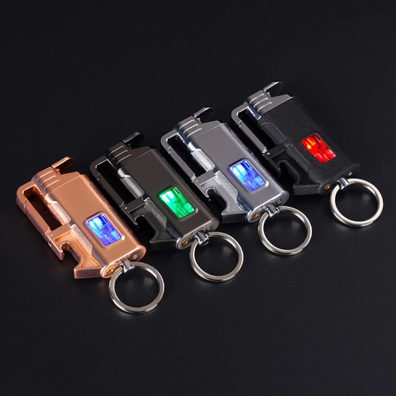 Metal Multi functional Keychain Windproof Jet Blue Flame Gas Lighter Outdoor Bottle Opener LED Transparent Window Cigar Lighters