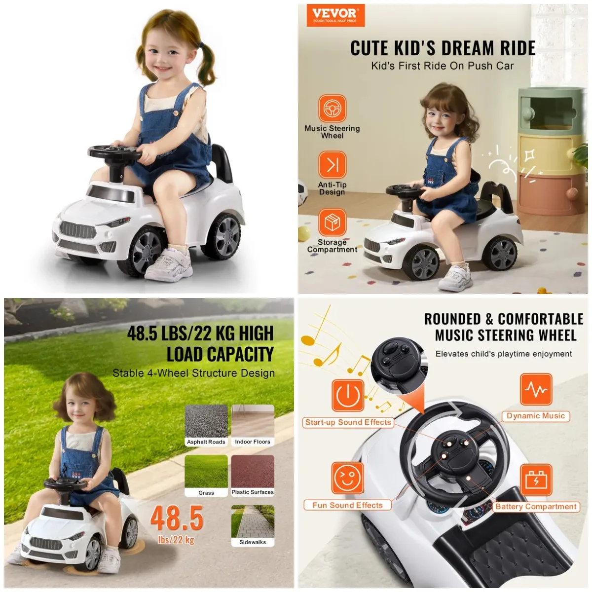 유아용 푸시카(1~3세), 음악 스티어링 휠 및 수납공간 포함, 화이트