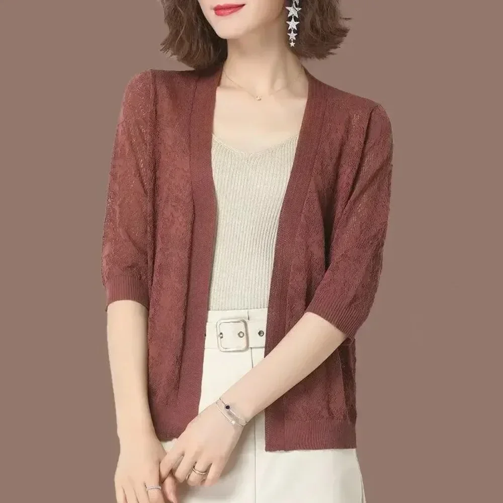 New Summer Ladies Knitting Cardigan Jacket Women Short Thin Female Shawl Noble Ice Silk Knitting Shirt Sun Protection Clothing