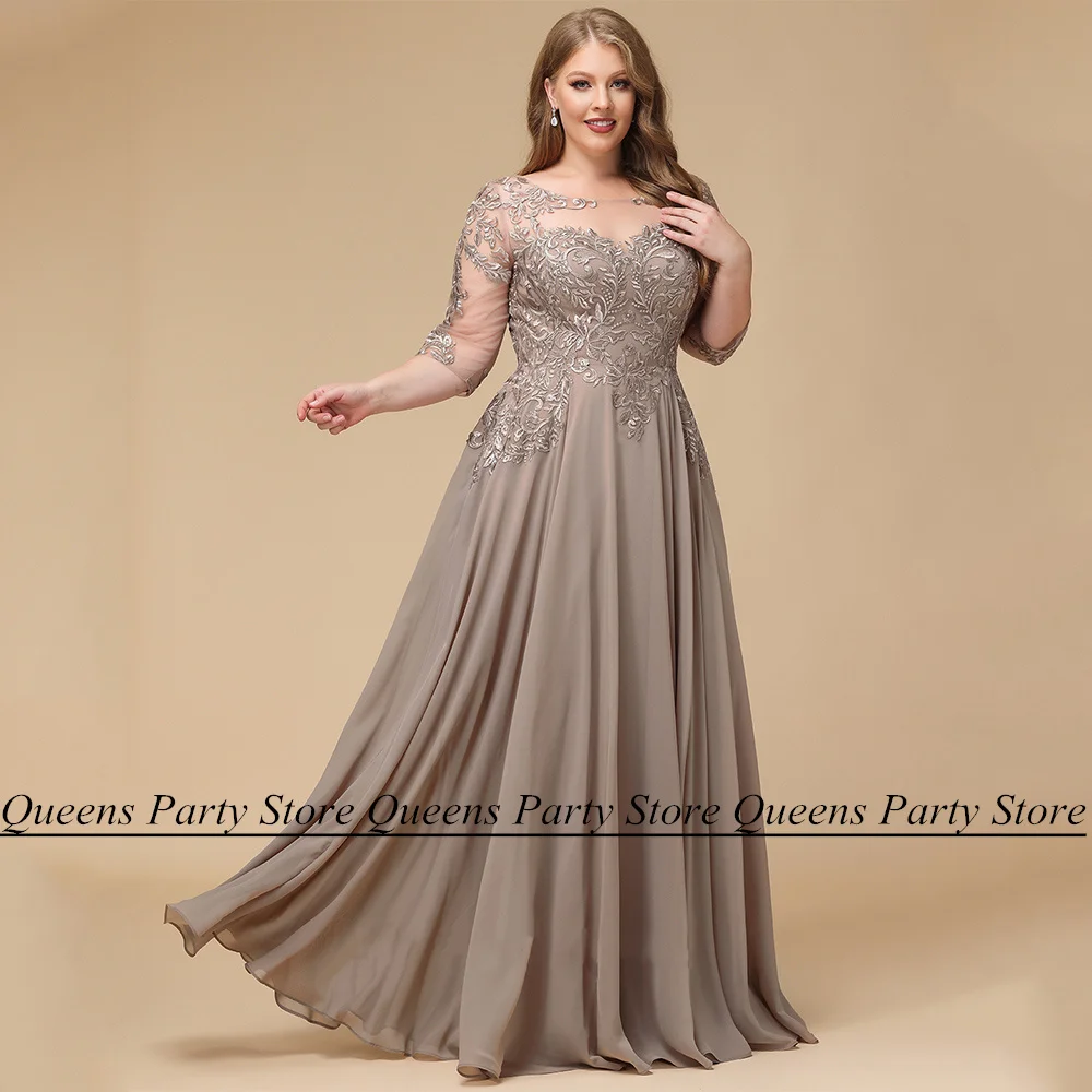 Plus Size Mother of The Bride Dress Scoop Neck 3/4 Sleeves Applique Floor Length A Line Chiffon Summer Wedding Guest Gown